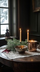 Cozy Winter Decor With Candles, Greenery, and Warm Ambiance Inside a Rustic Setting