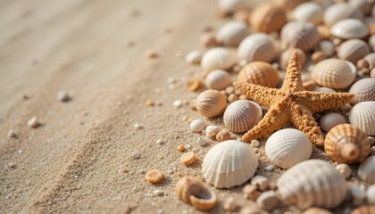 Starfish and seashells on sandy beach representing tropical summer vacation coastal travel and marine wildlife nature beauty