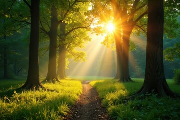 Obraz premium Panorama with sunlight filtering through trees, trees, scenery