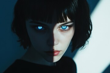A Young Woman Gazes with Glowing Blue Eyes and Shadow