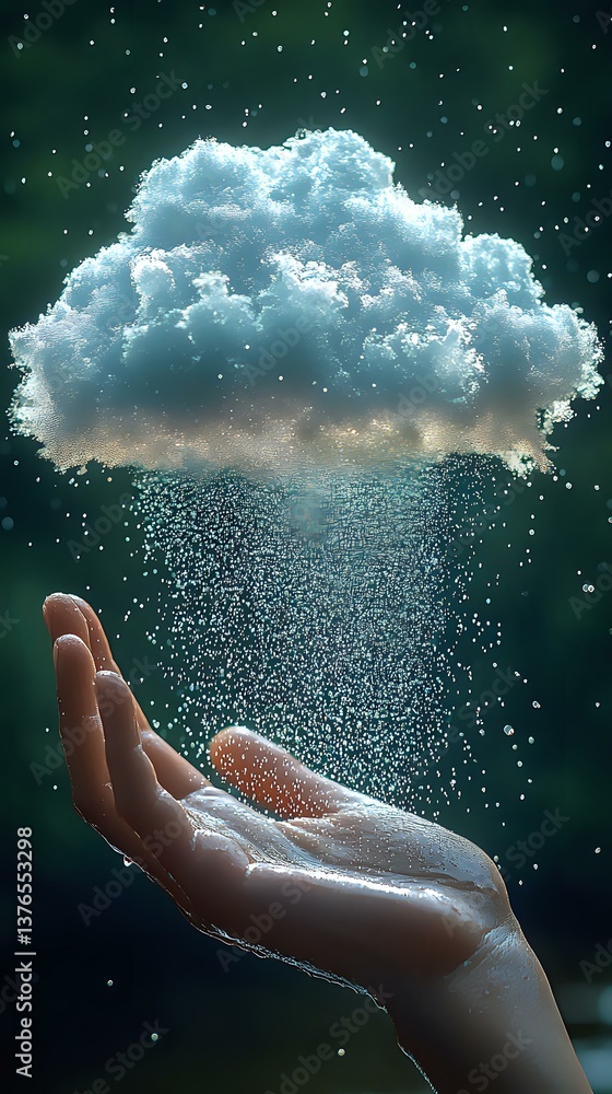 Poster magical glowing cloud floating above outstretched hand with sparkling rain falling through darkness,