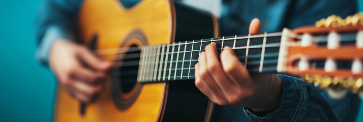 Obraz premium Cinco de Mayo, Person playing acoustic guitar close up shot showing hands fingers fretboard strings musical instrument hobby leisure activity