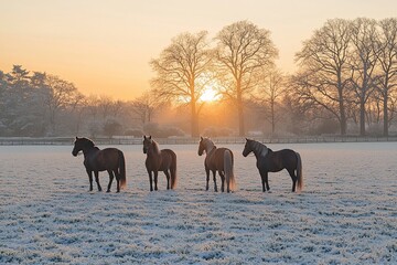 Majestic Draft Horses in Winter Sunrise - Four brown and chestnut draft horses stand majestically in a snow-covered field at sunrise, symbolizing peace, strength, beauty, freedom, and winter's charm