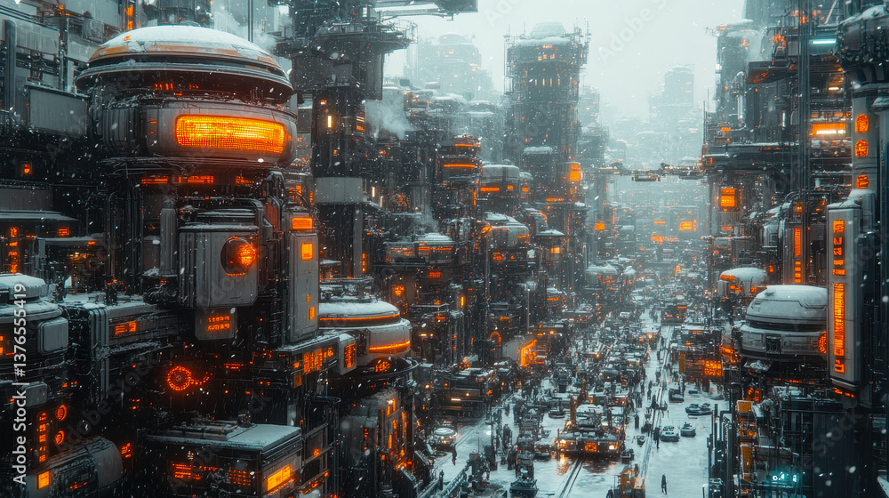 Poster futuristic factory with advanced robots and illuminated technology in urban setting depicting advanc