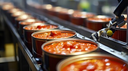 Automation in Motion: A vibrant display of industrial efficiency, with a production line meticulously filling cans with a rich, tomato-based sauce, showcasing the modern food industry. 