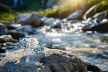Sparkling diamond gem rests upon a river rock in scenic landscape