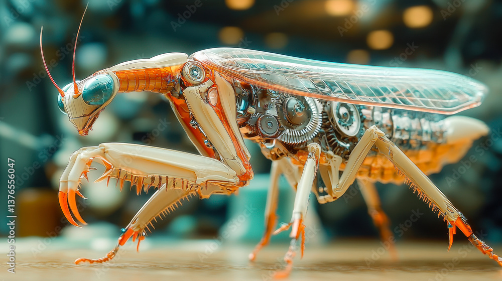 Poster futuristic cybernetic praying mantis close-up with mechanical gears and wires in translucent shell s