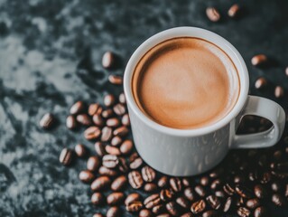 Obraz premium Steaming cup of coffee surrounded by roasted beans on dark background