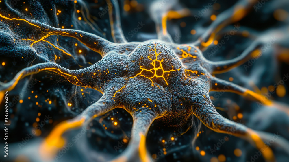 Poster detailed closeup of neural cell with yellow outlines showcasing intricate structure and patterns, pe