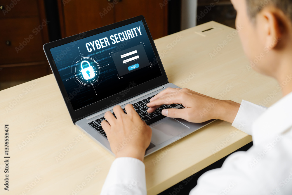 Poster cyber security system on computer screen protect private information snugly from hacker and cyber at