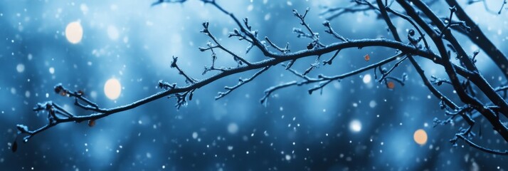 Winter Branch in Snowfall - A serene of a snow-covered branch against a softly blurred blue winter background, featuring falling snowflakes