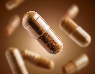 Herbal medicine capsule flying on brown background