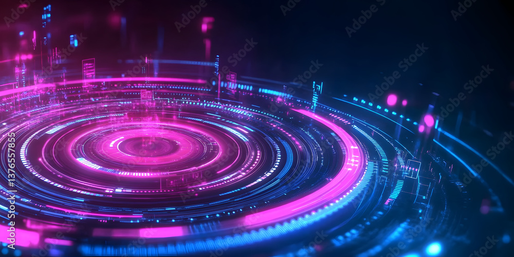 Poster futuristic digital interface glowing in pink and blue tones with circular patterns illustrating tech