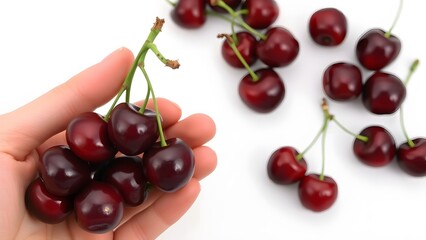 Cherries in Hand: A close-up captures a hand holding a bunch of fresh, juicy cherries, with more cherries scattered around. the vibrant colors and inviting textures draw you in.