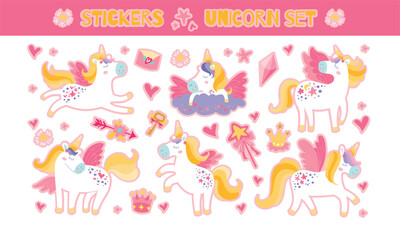 Childrens magic unicorn stickers. Cute animals set hand drawn with unicorns, magic wand, stars.