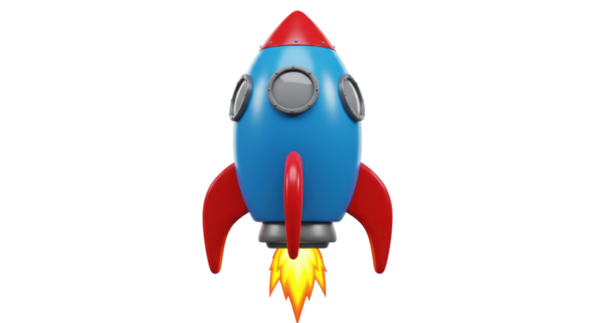 Isolated Blue and Red Rocket with Flames Launching into Space