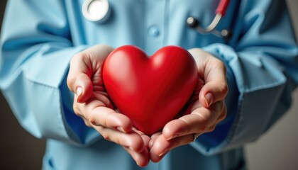 doctor holding red heart symbol with compassionate expression  