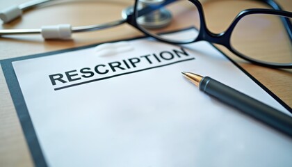 Prescription pad with pen and glasses on a wooden table  
