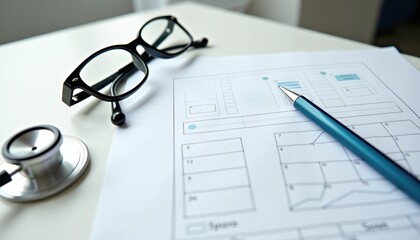 Medical documents and tools on a desk with glasses and pen  