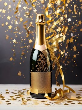 A celebratory champagne bottle amidst a golden confetti explosion, capturing the thrill of a joyous occasion with glistening highlights and a dark, moody background.