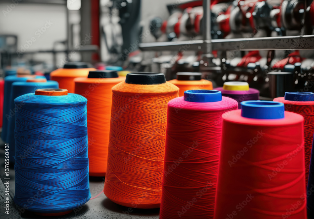 Poster colorful spools of thread arranged in a textile workshop setting