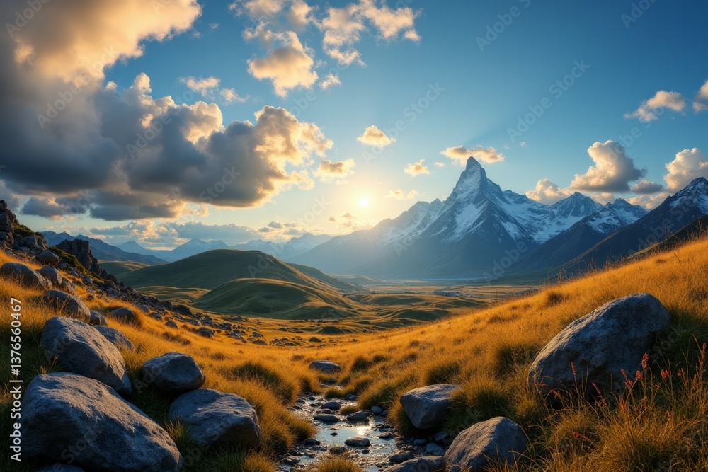 Poster a stream running through a grassy field with mountains in the background