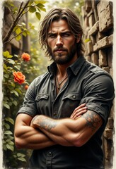 Fototapeta premium A man with long hair and a beard standing in front of a stone wall