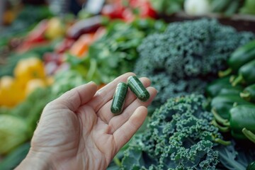 Hand Holding Green Capsules with Fresh Vegetables in Background