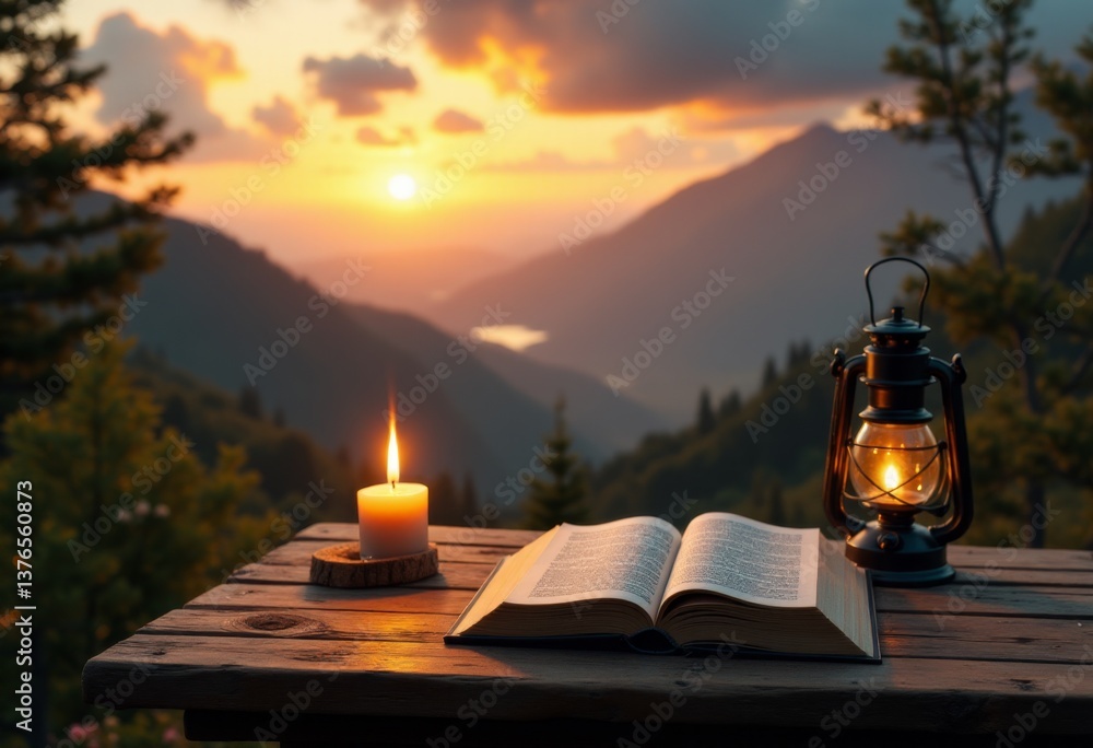 Poster an open book and a candle on a wooden table with mountains in the background