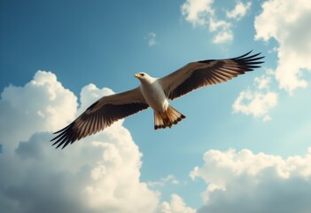 Obraz premium A seagull flying through a blue sky with white clouds