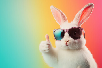 Obraz premium Cute Easter bunny wearing sunglasses giving a thumbs-up gesture on a colorful background