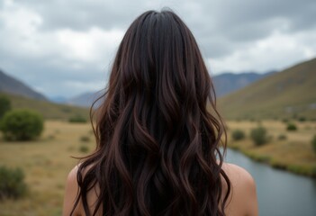 Fototapeta premium A woman with long brown hair standing in front of a river