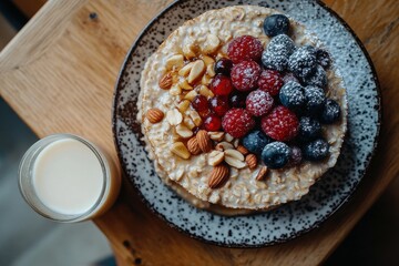 Overnight oats with berries, nuts, and honey served with milk on wooden table