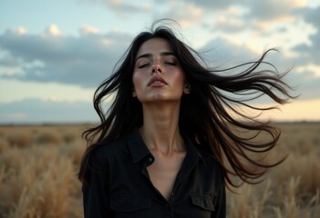 Fototapeta premium A woman with her hair blowing in the wind