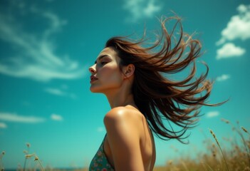 Naklejka premium A woman with her hair blowing in the wind