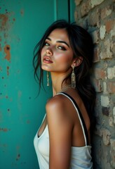Fototapeta premium A woman leaning against a brick wall wearing a white tank top