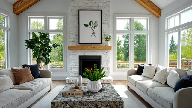 Sunlight streams into skylights contemporary living room empty, highlighting the hardwood floor and vaulted ceiling with exposed farmhouse and a beams video 4k