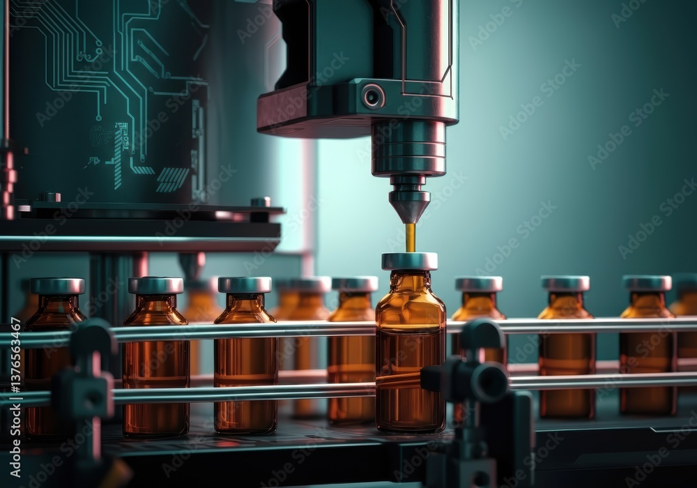 Poster automated machine filling amber bottles with liquid in a modern factory