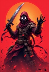 Fototapeta premium A man in a red hooded outfit holding a sword