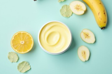 A bowl of cream surrounded by sliced bananas and sliced lemons