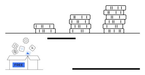 Stacked coins illustrating financial growth, open box labeled Free releasing tools and gears. Ideal for business, investment, finance, profitability, resources, success planning, entrepreneurship