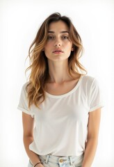 A woman wearing a white t-shirt and jeans poses for a picture
