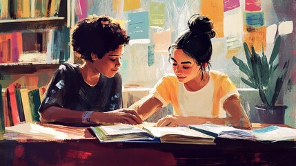 Two students studying together in a library with colorful books background