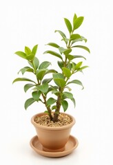 A small plant in a brown pot on a white background