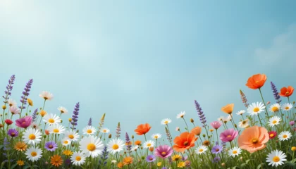 Poster de jardin Prairie, marais Wildflowers Along the Bottom with a Soft Sky Blue Background. Wildflower Meadow Background with Soft Sky Blue – Tranquil Spring Aesthetic  © Tasmin