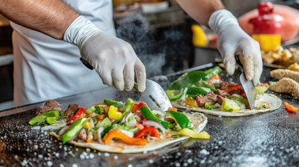 Male chef preparing colorful grilled tacos on hot griddle with fresh vegetables