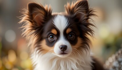 Fototapeta premium Cute Fluffy Puppy with White and Brown Coat – Expressive, Outdoors, Soft