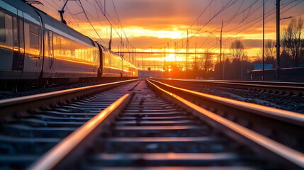 Obraz premium Golden Sunset Over Train Tracks with Glowing Lights in the Evening Sky&nbsp;