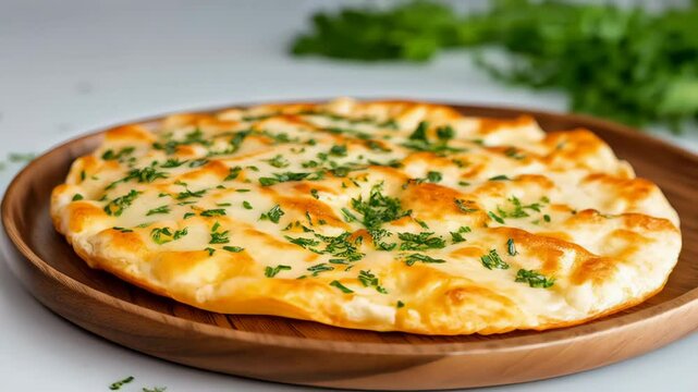 Delicious garlic naan bread on a wooden plate garnished with fresh herbs Culinary delight from South Asia