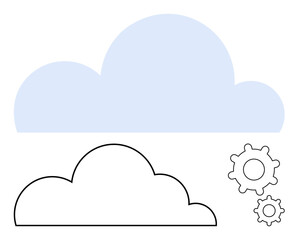 Blue cloud with black outlined duplicate and two gears representing technological process, innovation, and cloud storage. Ideal for technology, business, development, innovation, teamwork, cloud